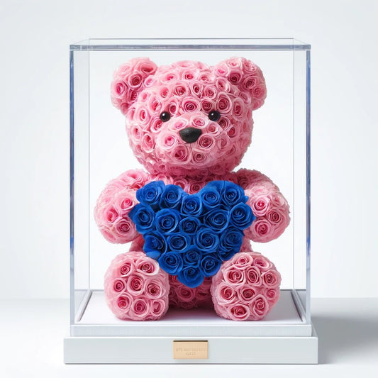 Pink Rose Bear with Royal Blue Roses Heart - Imaginary Worlds