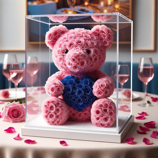 Pink Rose Bear with Royal Blue Roses Heart - Imaginary Worlds