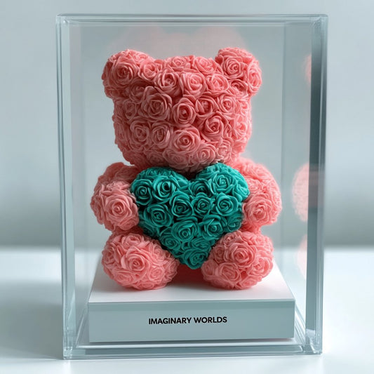 Pink Rose Bear with Teal Roses Heart - Imaginary Worlds