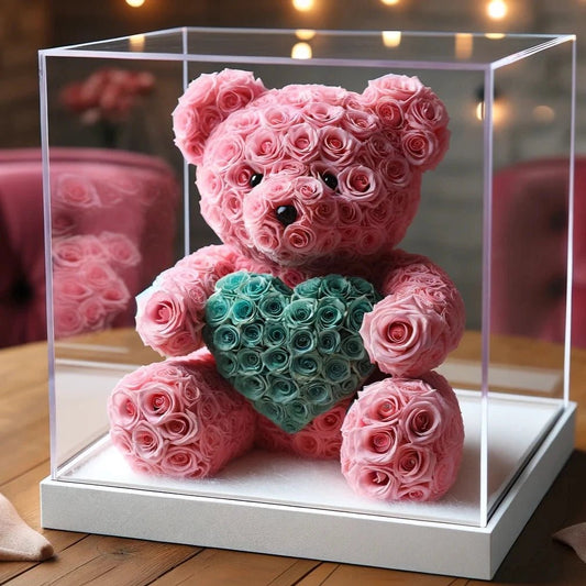 Pink Rose Bear with Teal Roses Heart - Imaginary Worlds