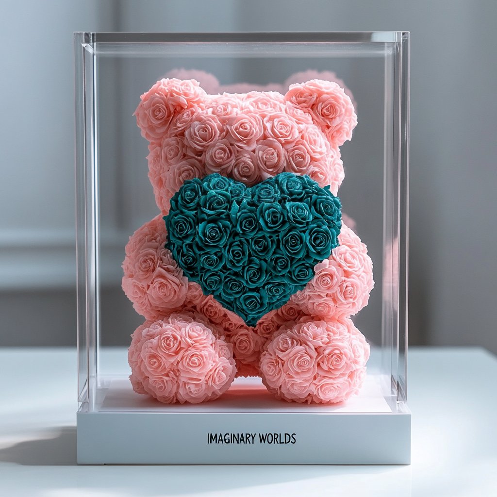 Pink Rose Bear with Teal Roses Heart - Imaginary Worlds