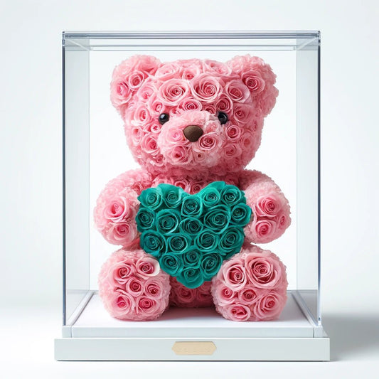 Pink Rose Bear with Teal Roses Heart - Imaginary Worlds