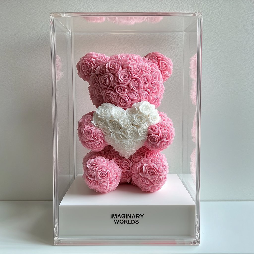 Pink Rose Bear with White Roses Heart - Imaginary Worlds