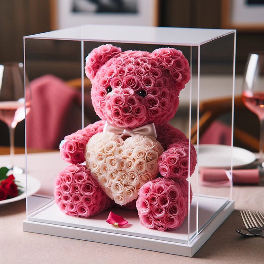 Pink Rose Bear with White Roses Heart - Imaginary Worlds