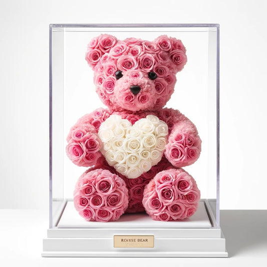 Pink Rose Bear with White Roses Heart - Imaginary Worlds
