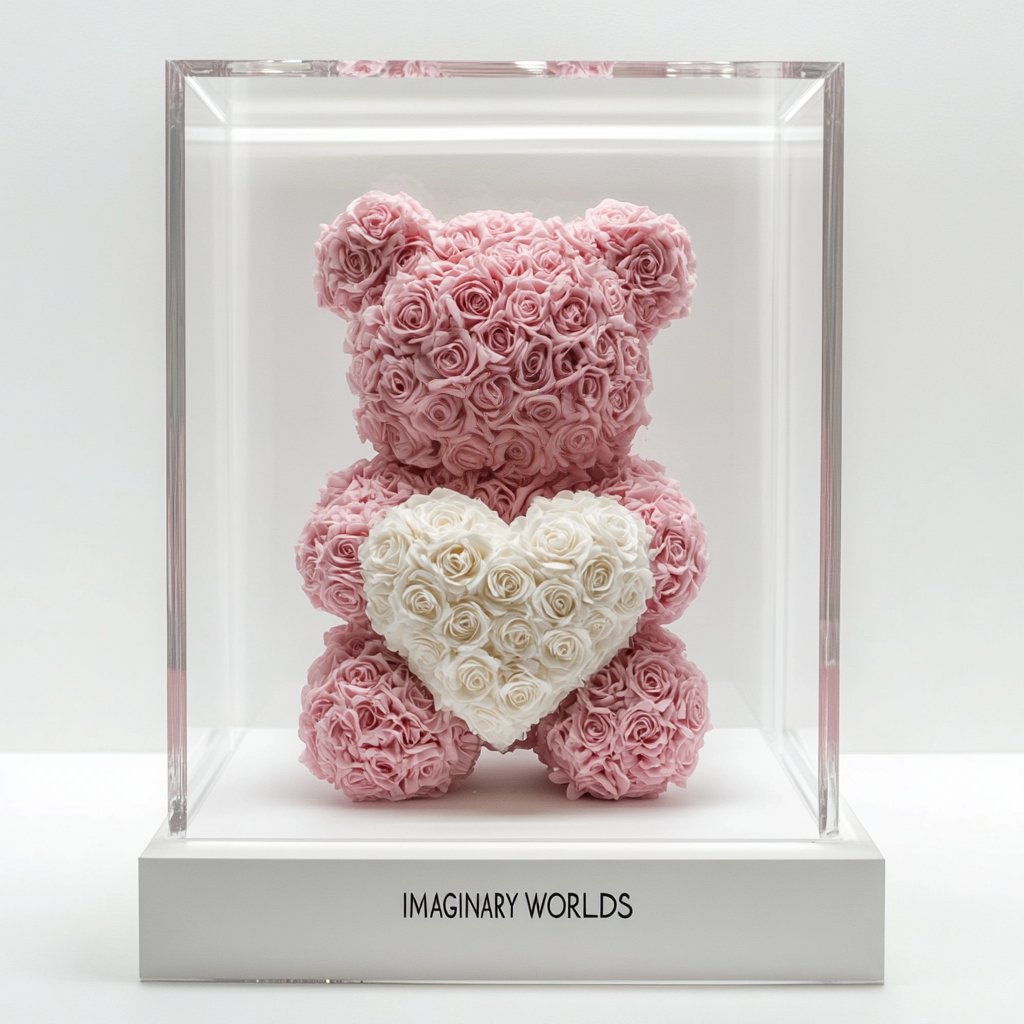 Pink Rose Bear with White Roses Heart - Imaginary Worlds