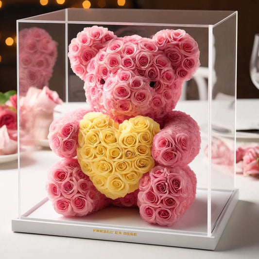 Pink Rose Bear with Yellow Roses Heart - Imaginary Worlds