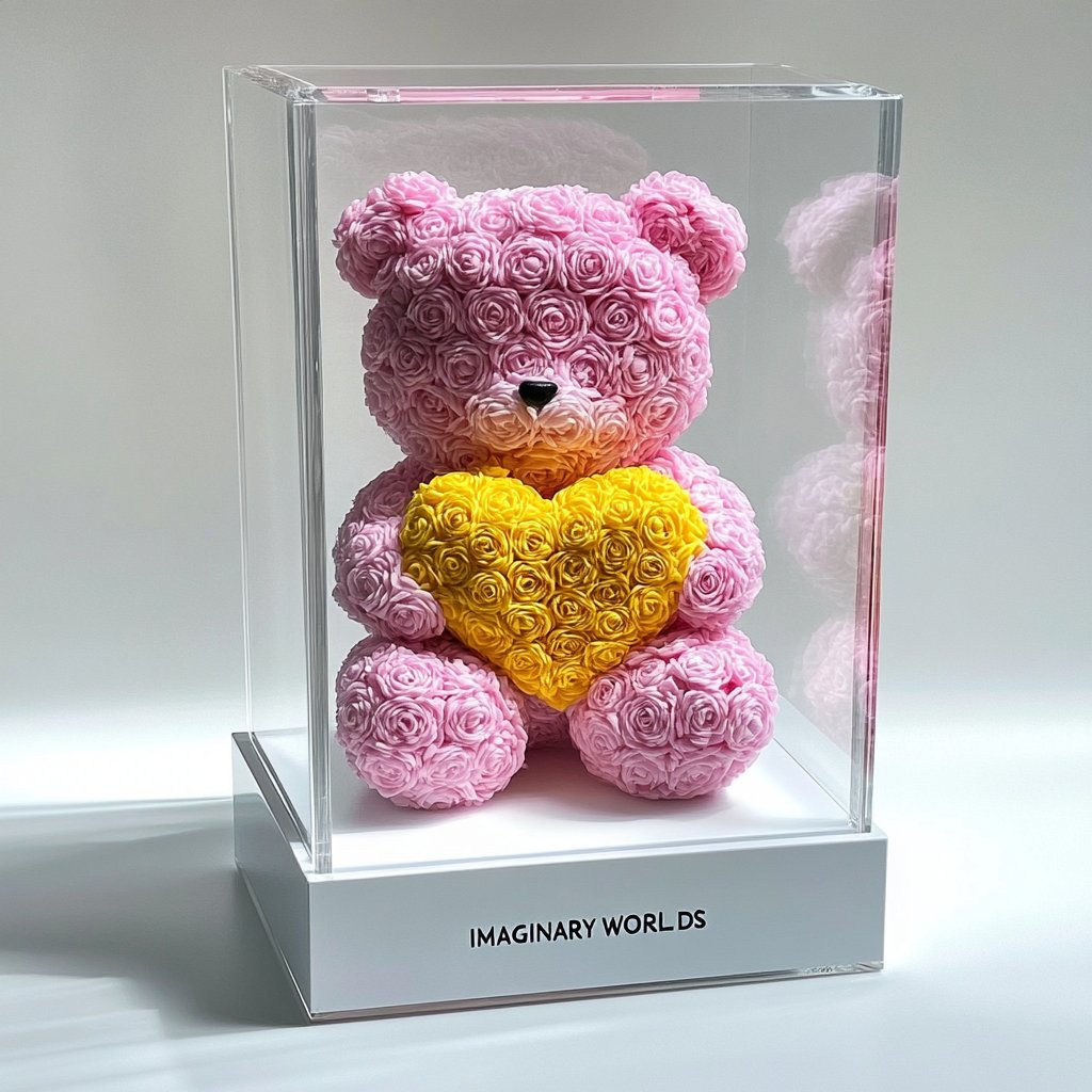 Pink Rose Bear with Yellow Roses Heart - Imaginary Worlds