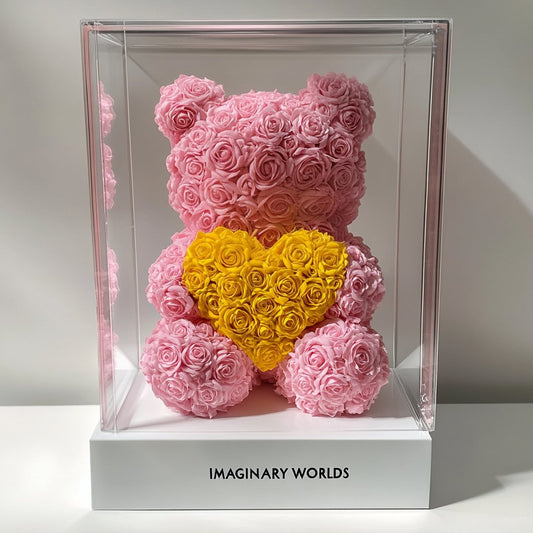 Pink Rose Bear with Yellow Roses Heart - Imaginary Worlds