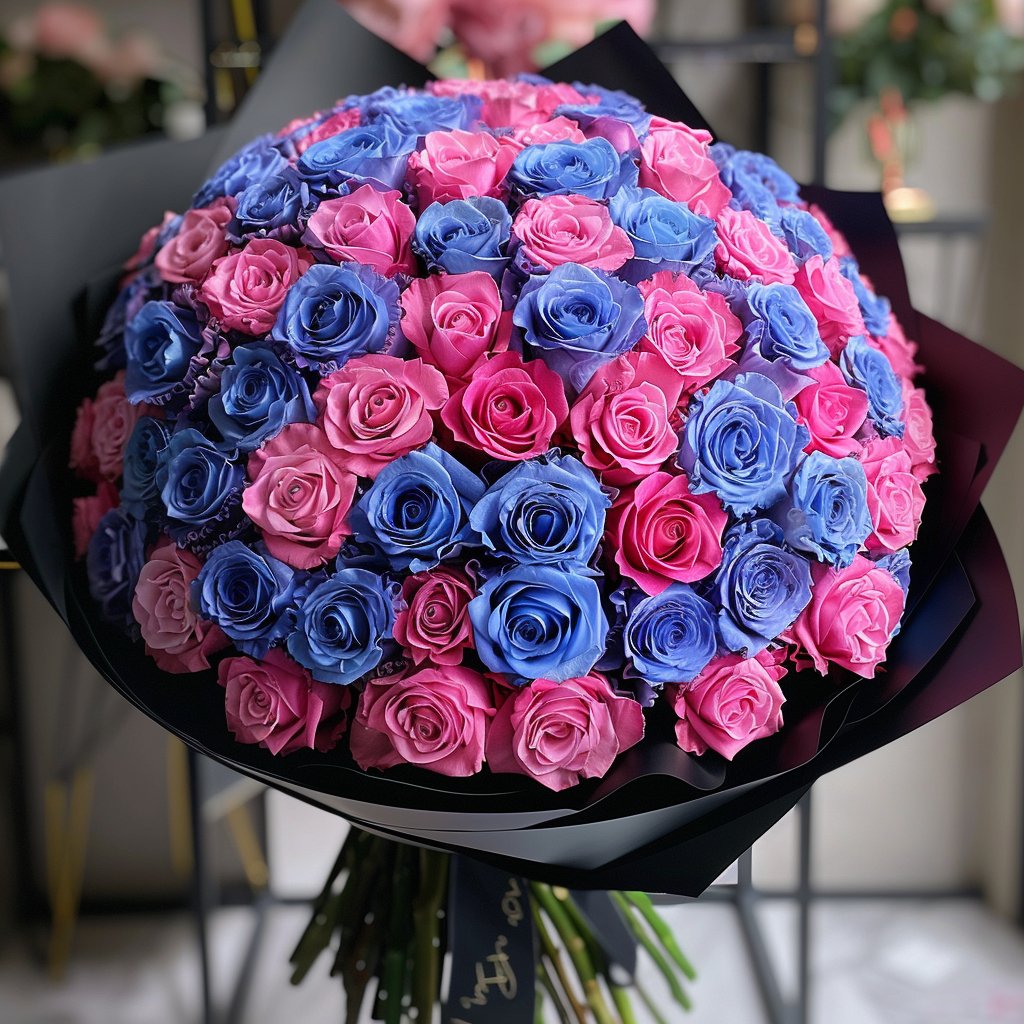 Preserved Blue and Pink Roses Flower Bouquet - Imaginary Worlds