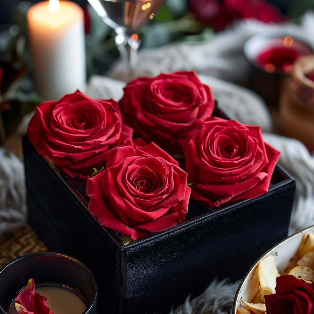 Preserved Burgundy Roses in Black Square Box - Imaginary Worlds