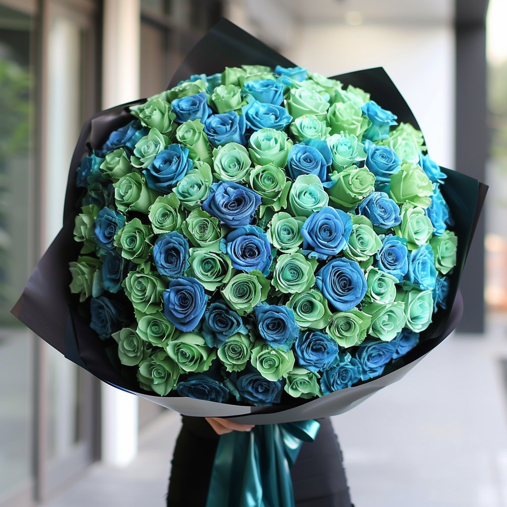 Preserved Green and Blue Roses Flower Bouquet - Imaginary Worlds