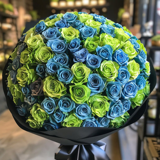 Preserved Green and Blue Roses Flower Bouquet - Imaginary Worlds