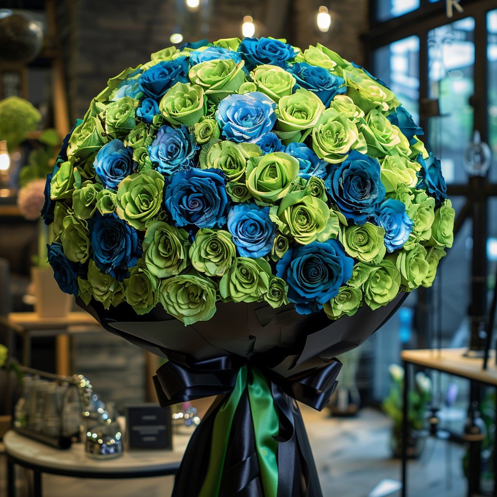 Preserved Green and Blue Roses Flower Bouquet - Imaginary Worlds