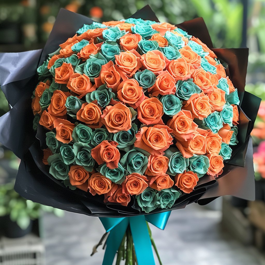 Preserved Orange and Teal Roses Flower Bouquet - Imaginary Worlds