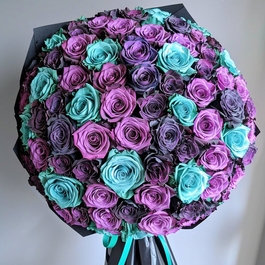 Preserved Teal and Purple Roses Flower Bouquet - Imaginary Worlds