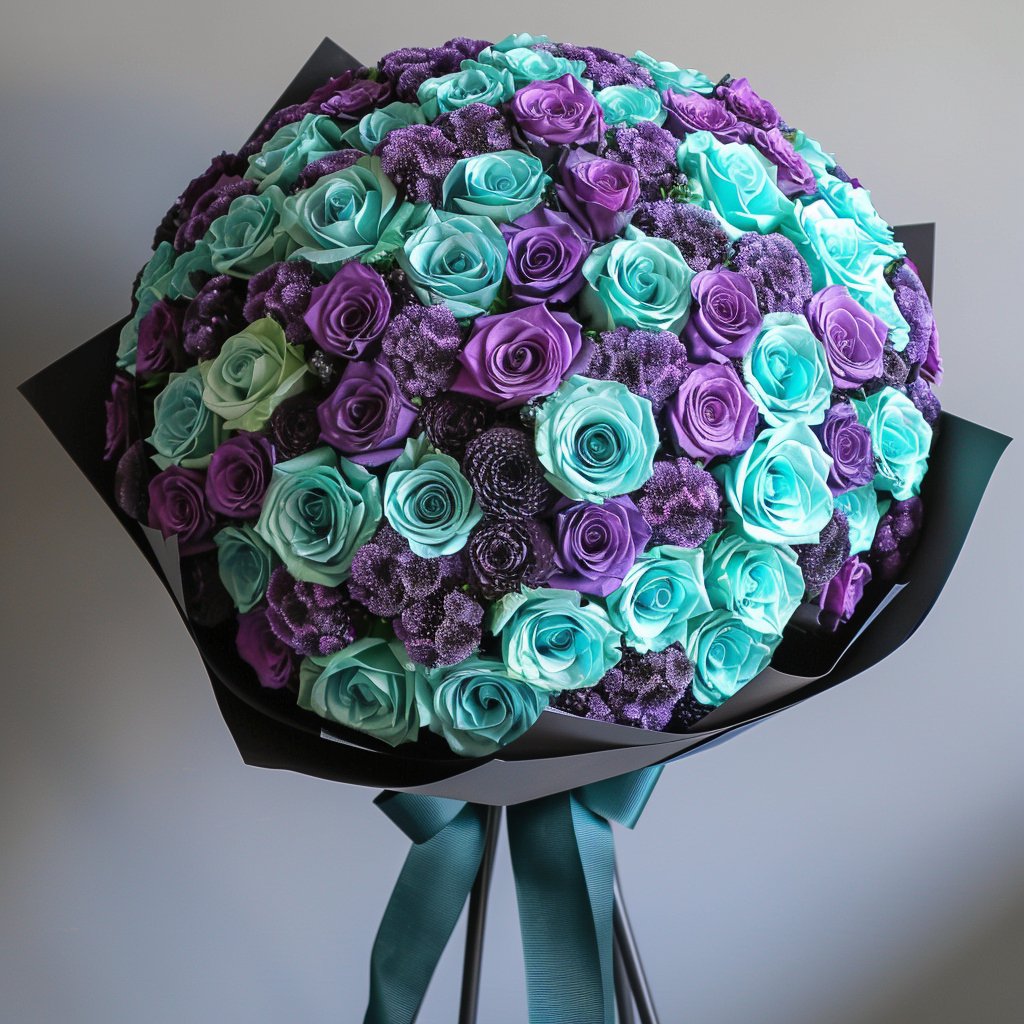 Preserved Teal and Purple Roses Flower Bouquet - Imaginary Worlds