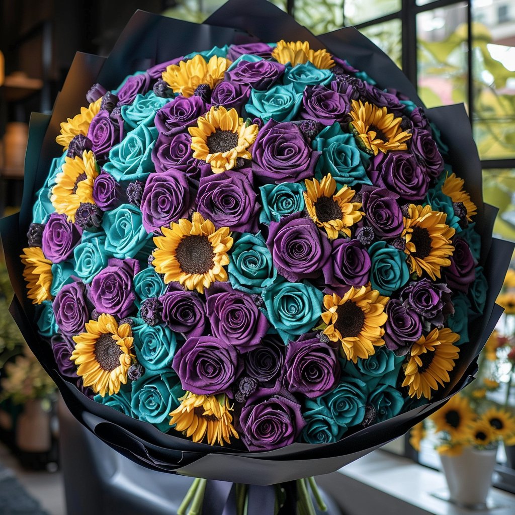 Preserved Teal and Purple Roses with Yellow Sunflowers Bouquet - Imaginary Worlds