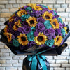 Preserved Teal and Purple Roses with Yellow Sunflowers Bouquet - Imaginary Worlds