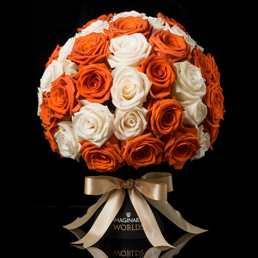 Preserved White and Orange Roses Flower Bouquet - Imaginary Worlds