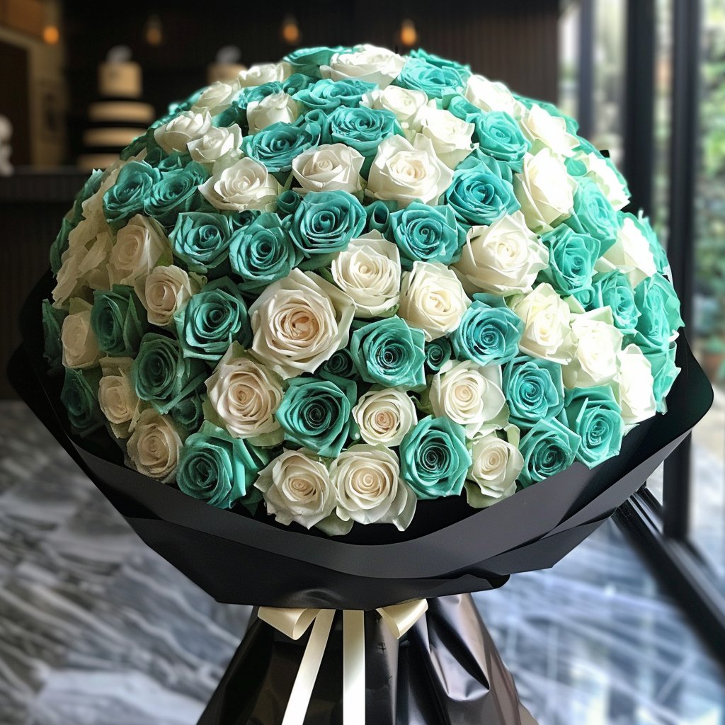 Preserved White and Teal Roses Flower Bouquet - Imaginary Worlds