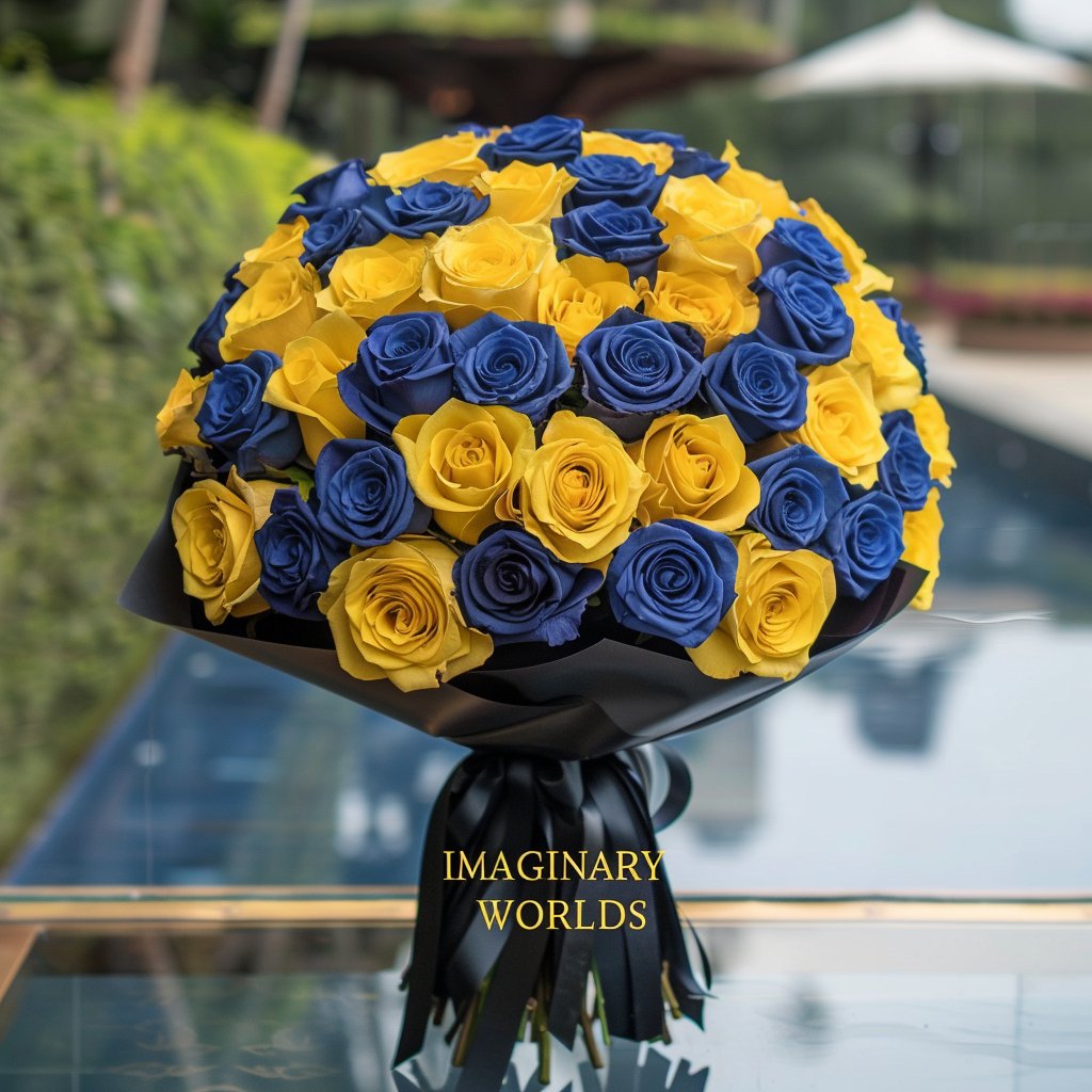 Preserved Yellow and Blue Roses Flower Bouquet - Imaginary Worlds