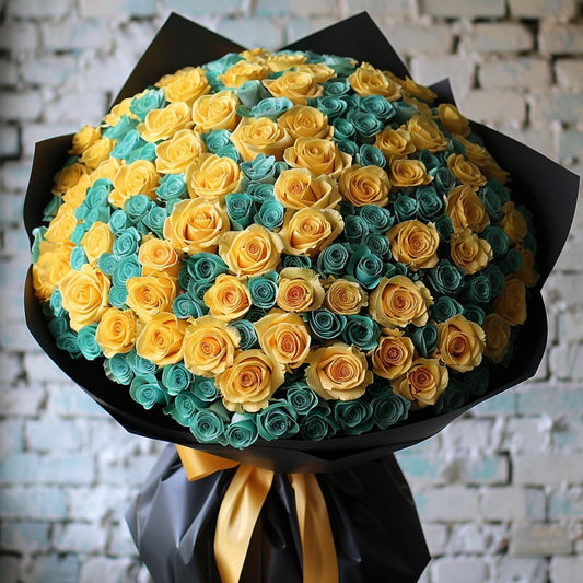 Preserved Yellow and Teal Roses Flower Bouquet - Imaginary Worlds