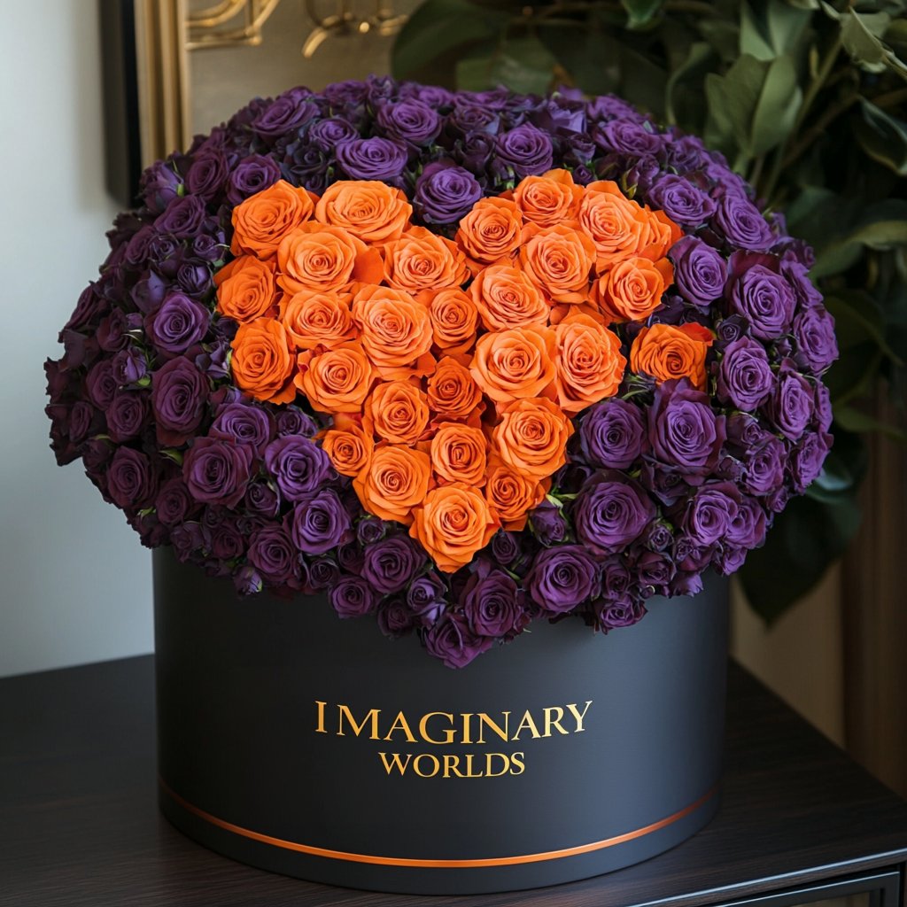 Purple Ramo Buchon with Orange Rose Heart - Imaginary Worlds