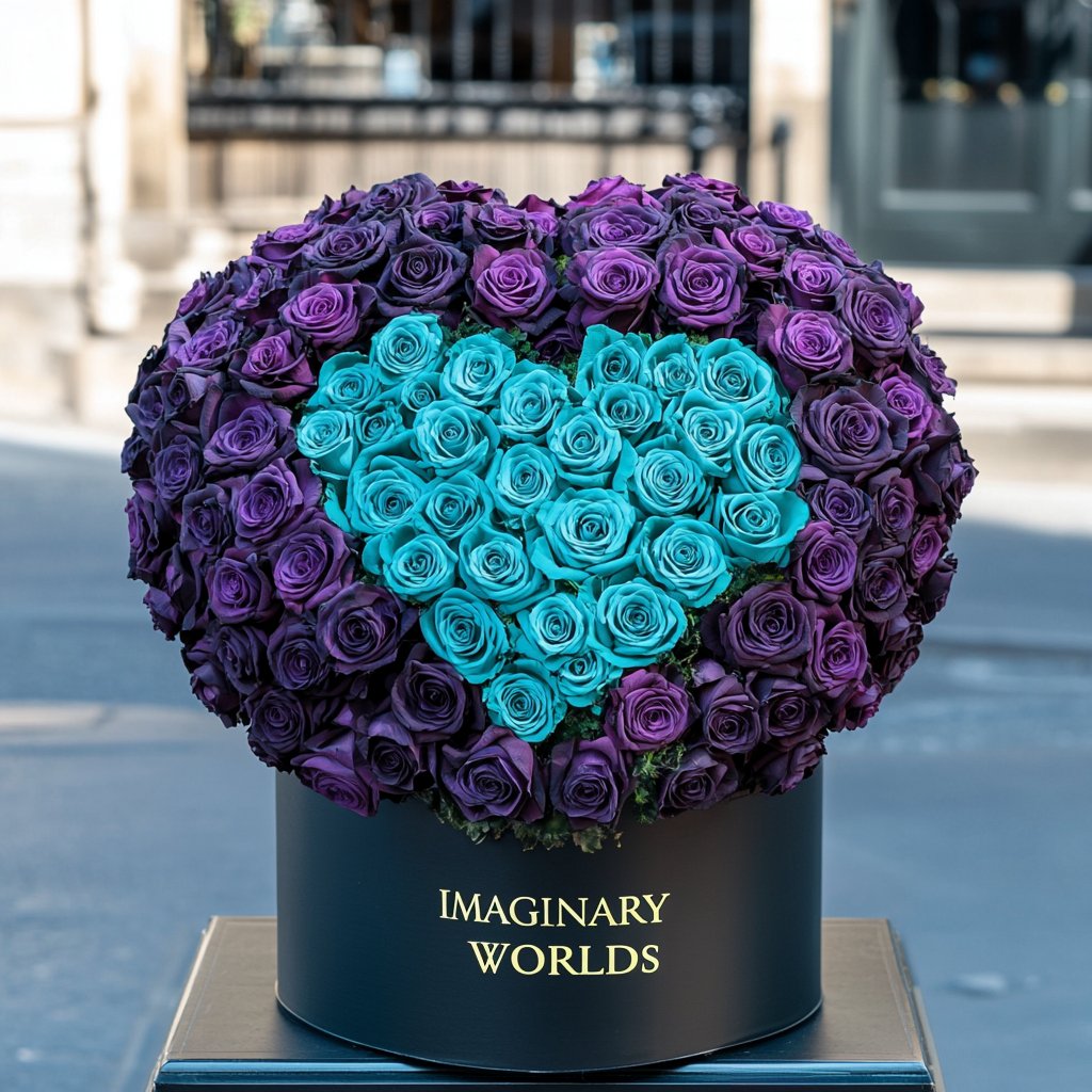 Purple Ramo Buchon with Teal Rose Heart - Imaginary Worlds