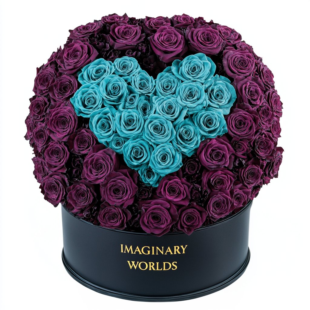 Purple Ramo Buchon with Teal Rose Heart - Imaginary Worlds