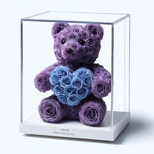 Purple Rose Bear with Blue Roses Heart - Imaginary Worlds