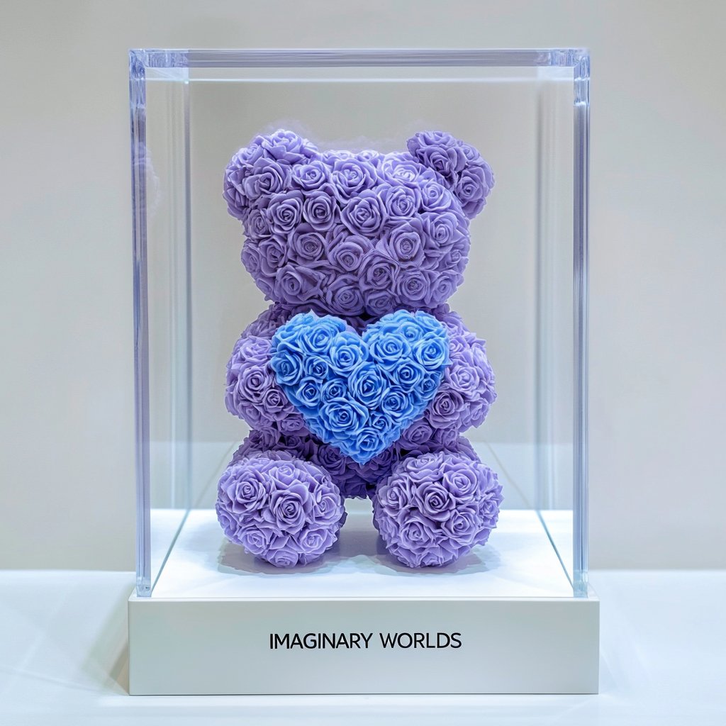 Purple Rose Bear with Blue Roses Heart - Imaginary Worlds