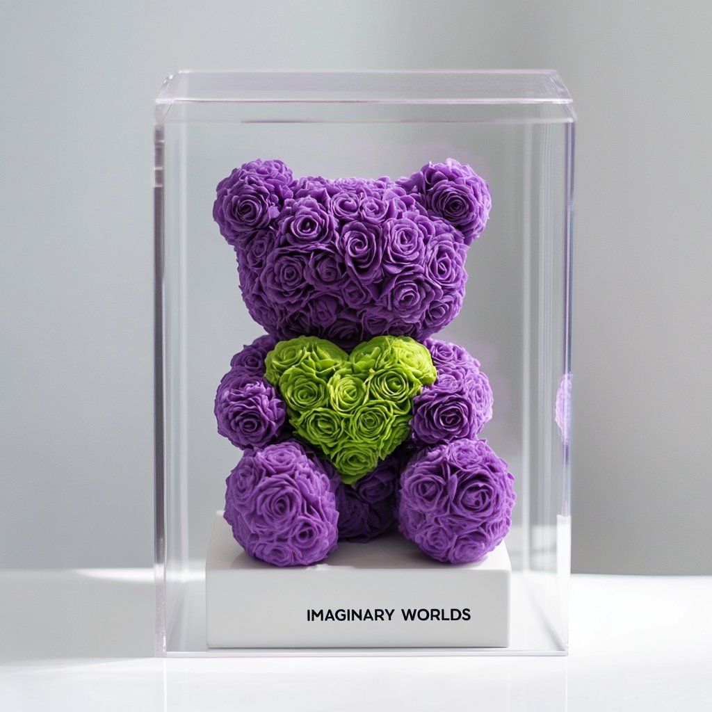 Purple Rose Bear with Green Roses Heart - Imaginary Worlds