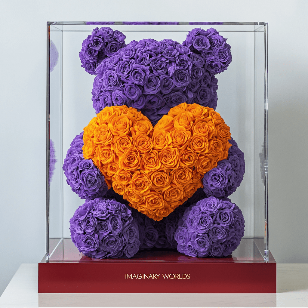 Purple Rose Bear with Orange Roses Heart - Imaginary Worlds