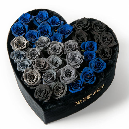 Quartet of Serenity Roses in Heart - Shaped Black Box - Imaginary Worlds