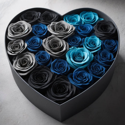 Quartet of Serenity Roses in Heart-Shaped Black Box - Imaginary Worlds