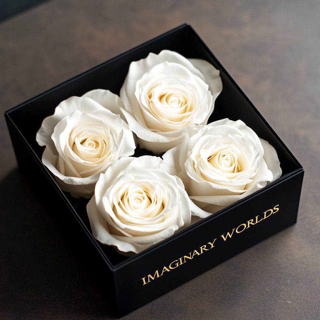 Quartet of White Forever Roses in Black Velvet Box - Imaginary Worlds