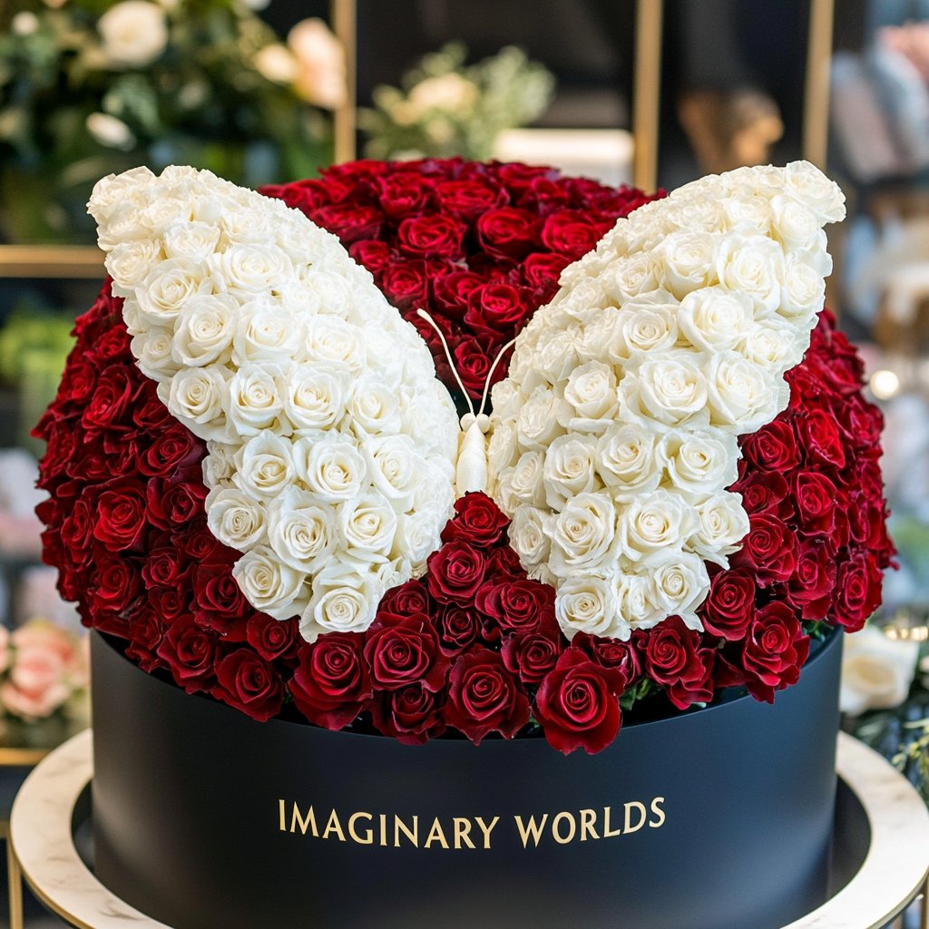 Red Ramo Buchon White Roses Butterfly - Imaginary Worlds