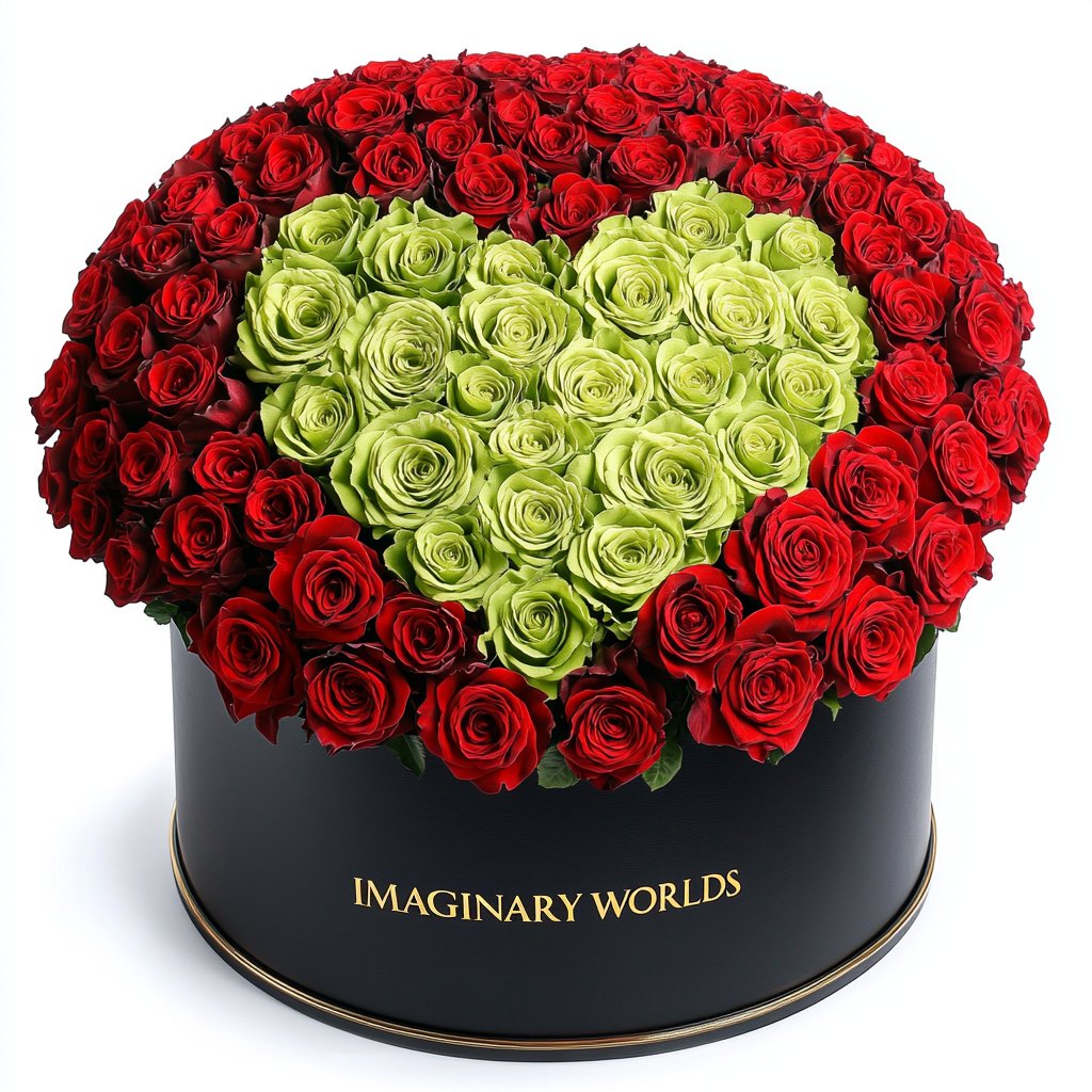 Red Ramo Buchon with Green Rose Heart - Imaginary Worlds