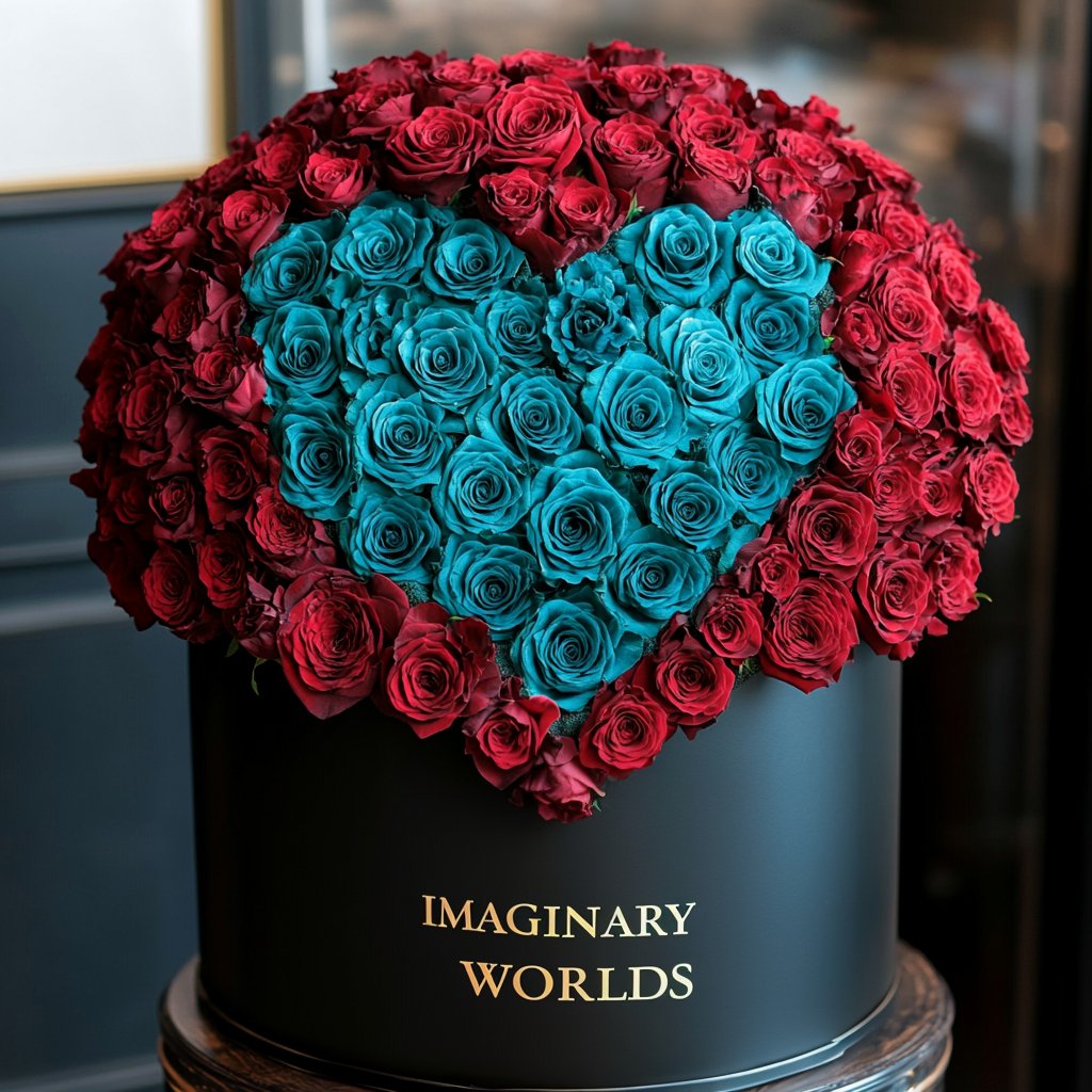 Red Ramo Buchon with Teal Rose Heart - Imaginary Worlds