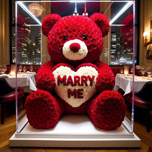 Red Rose Bear "Marry Me" with White Heart - Imaginary Worlds