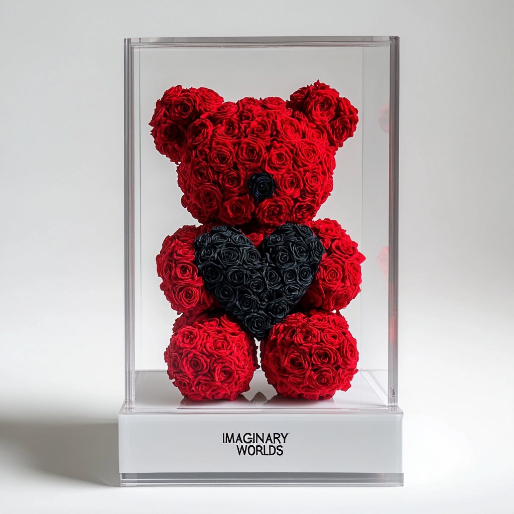 Red Rose Bear with Black Roses Heart - Imaginary Worlds