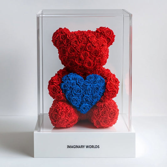 Red Rose Bear with Blue Roses Heart - Imaginary Worlds