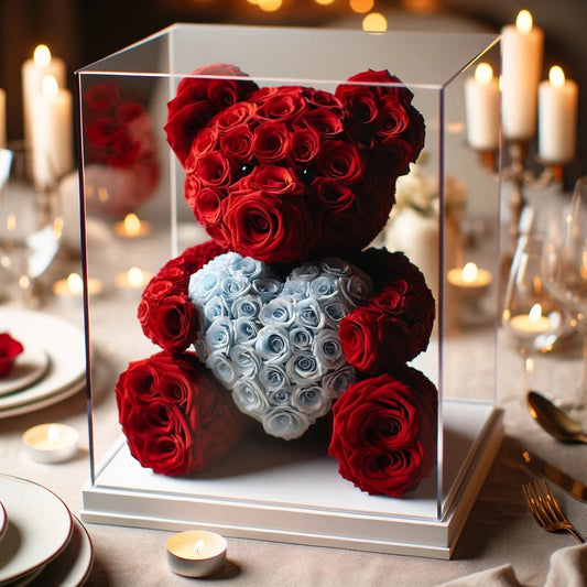 Red Rose Bear with Blue Roses Heart - Imaginary Worlds