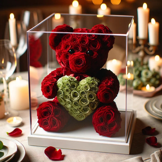 Red Rose Bear with Green Roses Heart - Imaginary Worlds