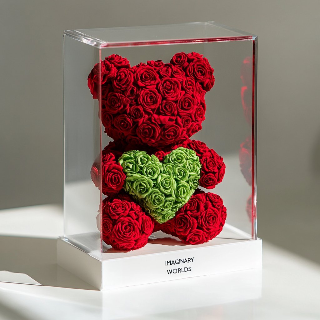 Red Rose Bear with Green Roses Heart - Imaginary Worlds