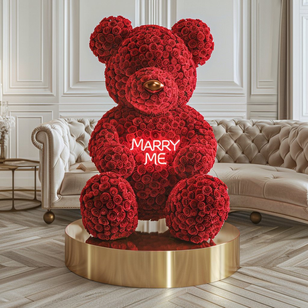 Red Rose Bear with Neon "Marry Me" Message - Imaginary Worlds