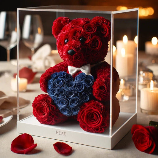 Red Rose Bear with Royal Blue Roses Heart - Imaginary Worlds