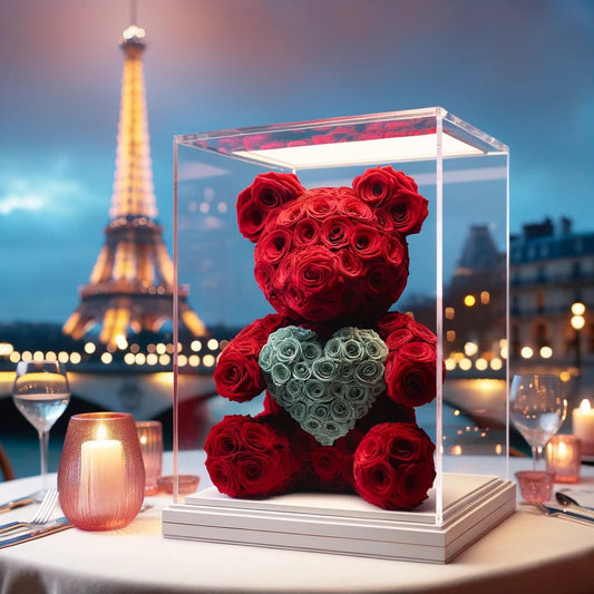 Red Rose Bear with Teal Roses Heart - Imaginary Worlds