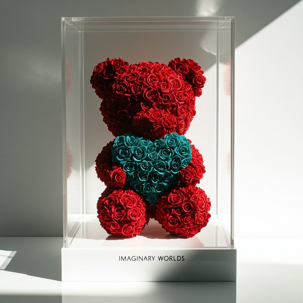 Red Rose Bear with Teal Roses Heart - Imaginary Worlds